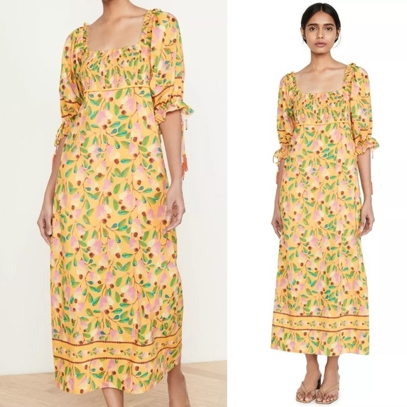 Farm Rio- Yellow Orange Mini Cashew Short Sleeve Smocked Midi Dress Size Medium - Picture 1 of 15